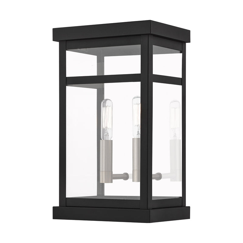 Hopewell 2-Light Small Outdoor Wall Lantern in Black with Brushed Nickel Finish Cluster and Polished Chrome Stainless Steel Reflector