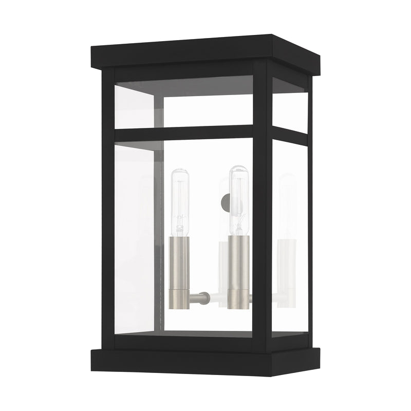 Hopewell 2-Light Small Outdoor Wall Lantern in Black with Brushed Nickel Finish Cluster and Polished Chrome Stainless Steel Reflector