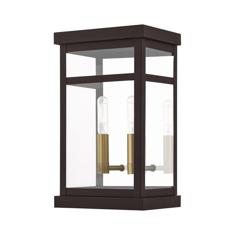 Hopewell 2-Light Small Outdoor Wall Lantern in Bronze with Antique Brass Finish Cluster and Polished Chrome Stainless Steel Reflector