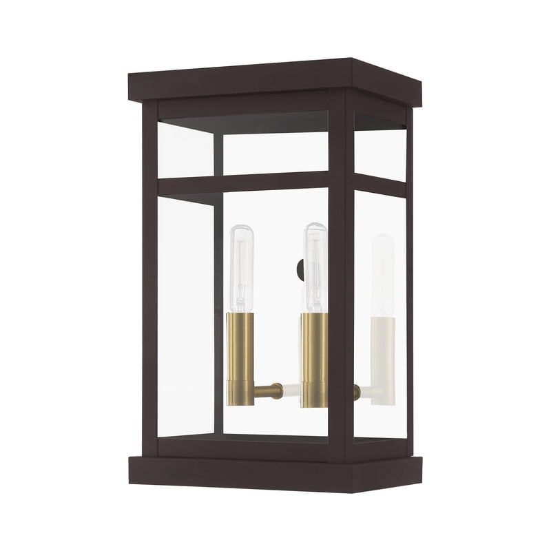 Hopewell 2-Light Small Outdoor Wall Lantern in Bronze with Antique Brass Finish Cluster and Polished Chrome Stainless Steel Reflector