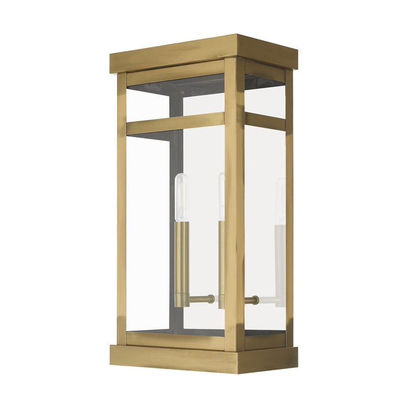 Hopewell 2-Light Large Outdoor Wall Lantern in Antique Brass with Polished Chrome Stainless Steel Reflector
