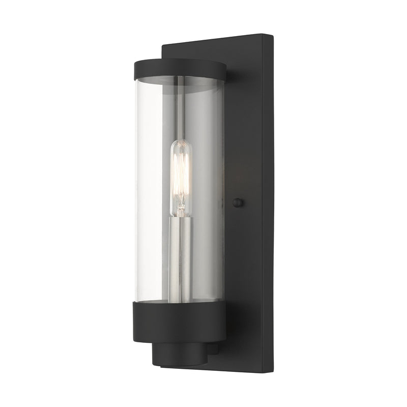 Hillcrest Small Outdoor ADA Wall Lantern in Textured Black with Brushed Nickel Candles