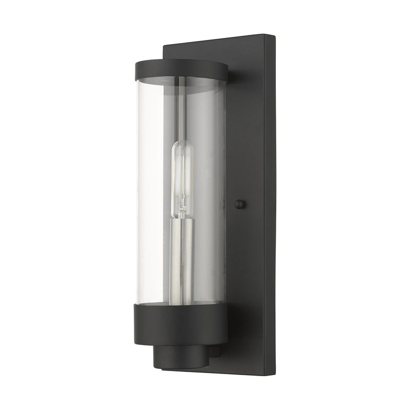 Hillcrest Small Outdoor ADA Wall Lantern in Textured Black with Brushed Nickel Candles