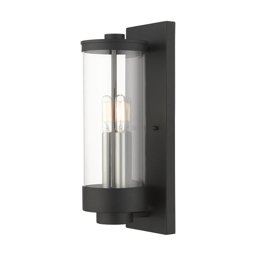 Hillcrest 2-Light Medium Outdoor Wall Lantern in Textured Black with Brushed Nickel Candles