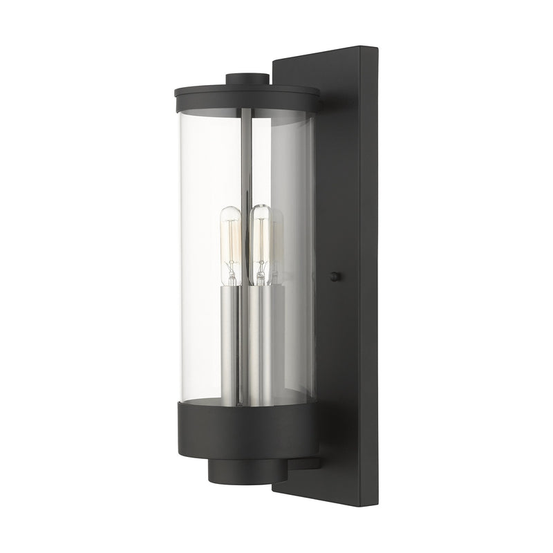 Hillcrest 2-Light Medium Outdoor Wall Lantern in Textured Black with Brushed Nickel Candles