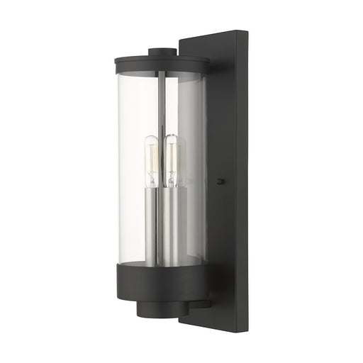 Hillcrest 2-Light Medium Outdoor Wall Lantern in Textured Black with Brushed Nickel Candles