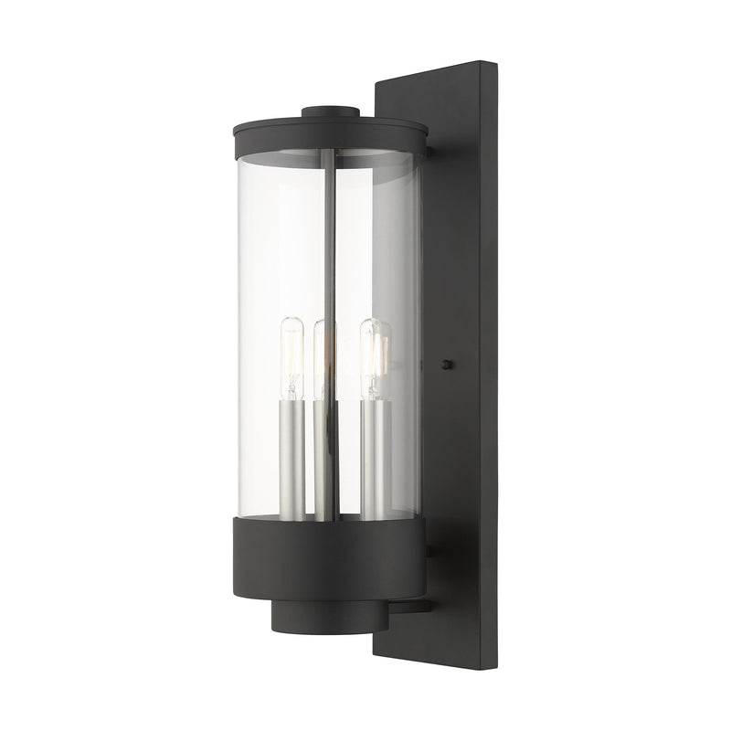 Hillcrest 3-Light Large Outdoor Wall Lantern in Textured Black with Brushed Nickel Candles