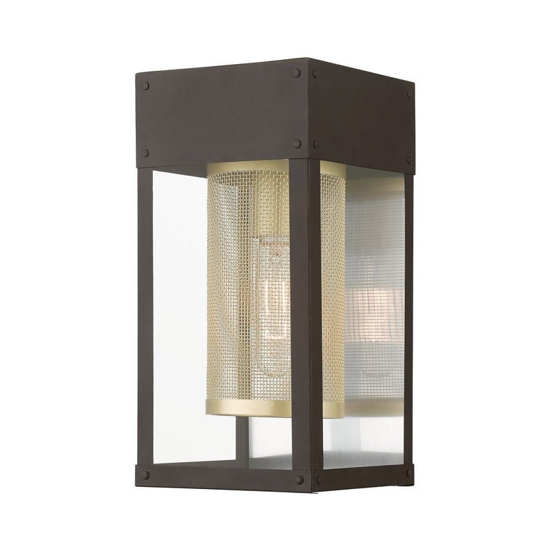 Franklin 12" Outdoor Wall Lantern in Bronze with Soft Gold Candle and Brushed Nickel Stainless Steel Reflector