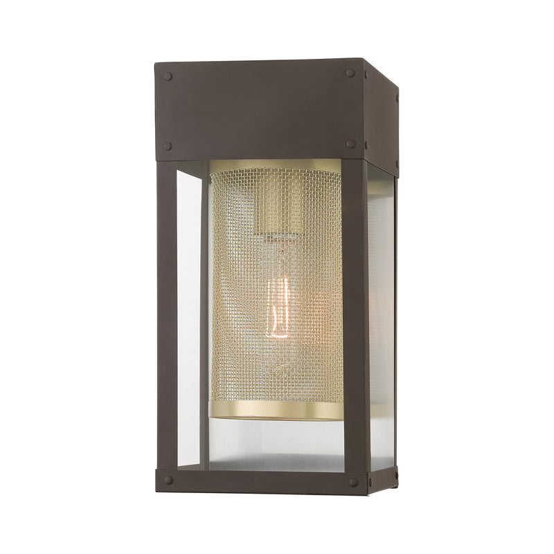 Franklin 12" Outdoor Wall Lantern in Bronze with Soft Gold Candle and Brushed Nickel Stainless Steel Reflector