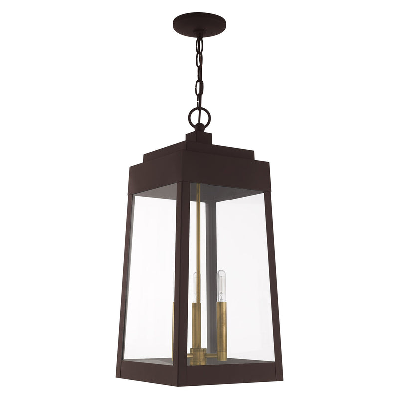 Oslo 3-Light Large Outdoor Pendant Lantern in Bronze with Antique Brass Finish Candles