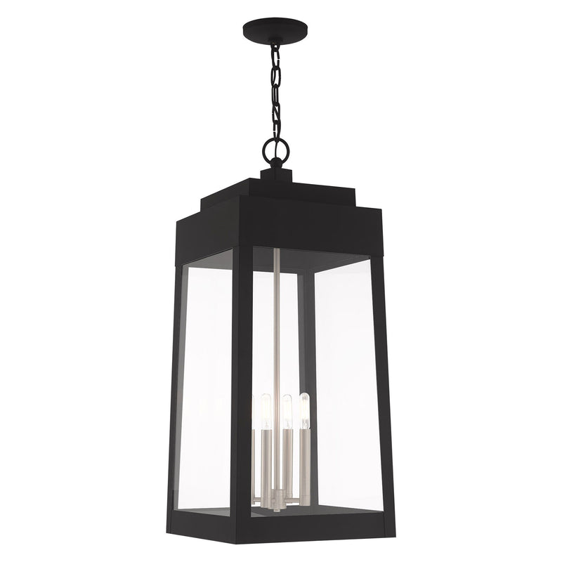 Oslo 4-Light Extra Large Outdoor Pendant Lantern in Black with Brushed Nickel Finish Candles