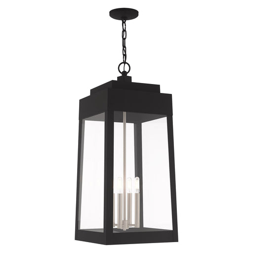 Oslo 4-Light Extra Large Outdoor Pendant Lantern in Black with Brushed Nickel Finish Candles