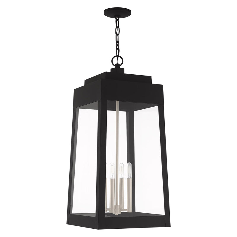 Oslo 4-Light Extra Large Outdoor Pendant Lantern in Black with Brushed Nickel Finish Candles
