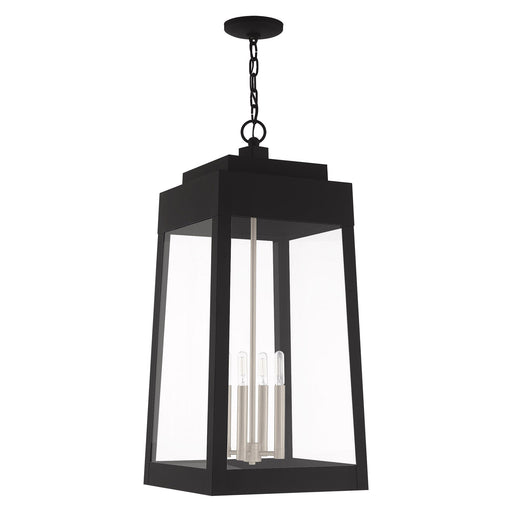 Oslo 4-Light Extra Large Outdoor Pendant Lantern in Black with Brushed Nickel Finish Candles
