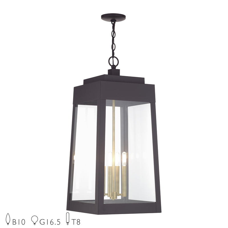 Oslo 4-Light Extra Large Outdoor Pendant Lantern in Bronze with Antique Brass Candles
