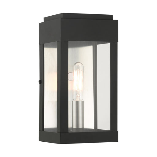 York Small Outdoor ADA Wall Lantern in Black with Brushed Nickel Finish Candles with Brushed Nickel Stainless Steel Reflector