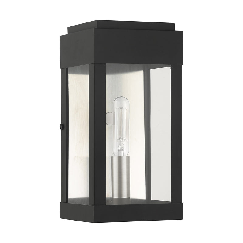 York Small Outdoor ADA Wall Lantern in Black with Brushed Nickel Finish Candles with Brushed Nickel Stainless Steel Reflector