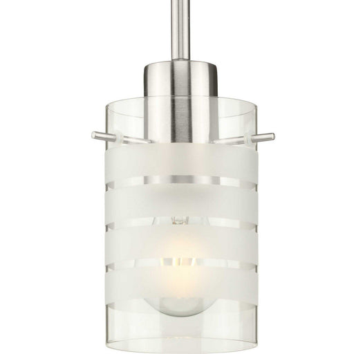 Clear and Etched Glass Cylinder Mini Pendant in Brushed Nickel