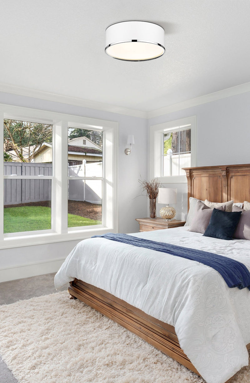 Arlo 3 Light 16" Flush Mount in Matte White + Chrome in a room setting