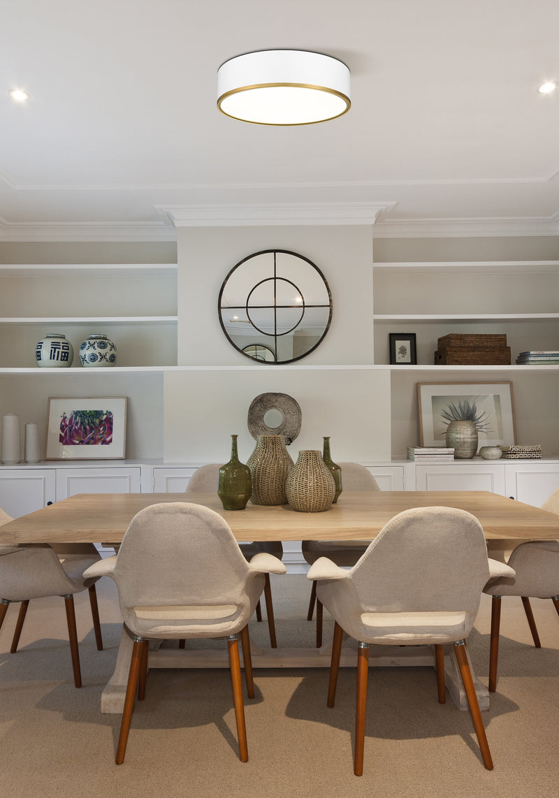 Arlo 4 Light 20.25" Flush Mount in Matte White + Rubbed Brass in a room setting