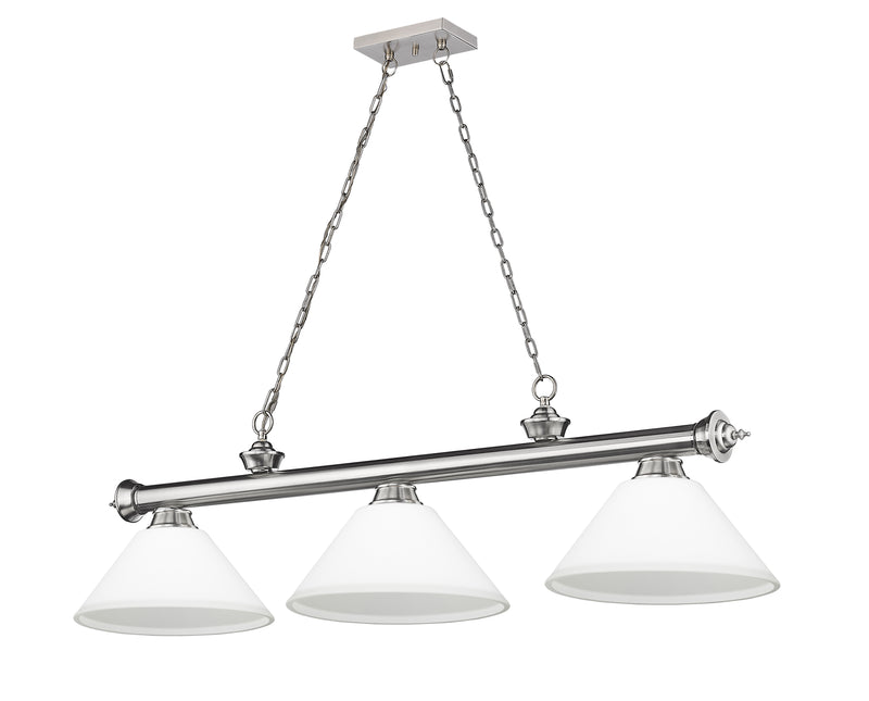 Cordon 3 Light 57.25" Billiard, Glass Shades (A) in Brushed Nickel