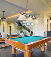 Cordon 3 Light 57.25" Billiard, Glass Shades (A) in Brushed Nickel in a room setting