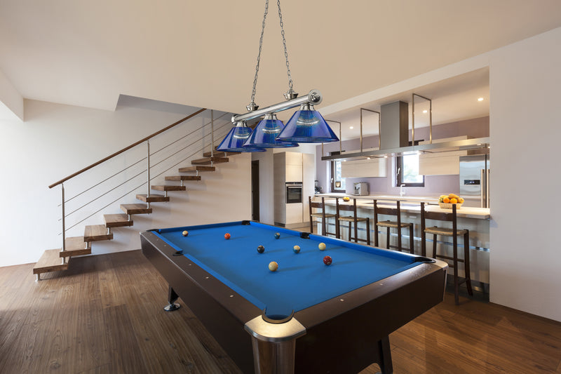 Cordon 3 Light 57.25" Billiard, Acrylic Shades (ARC) in Brushed Nickel in a room setting