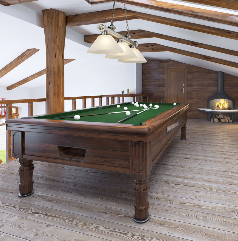 Cordon 3 Light 57.25" Billiard, Glass Shades (A) in Brushed Nickel in a room setting