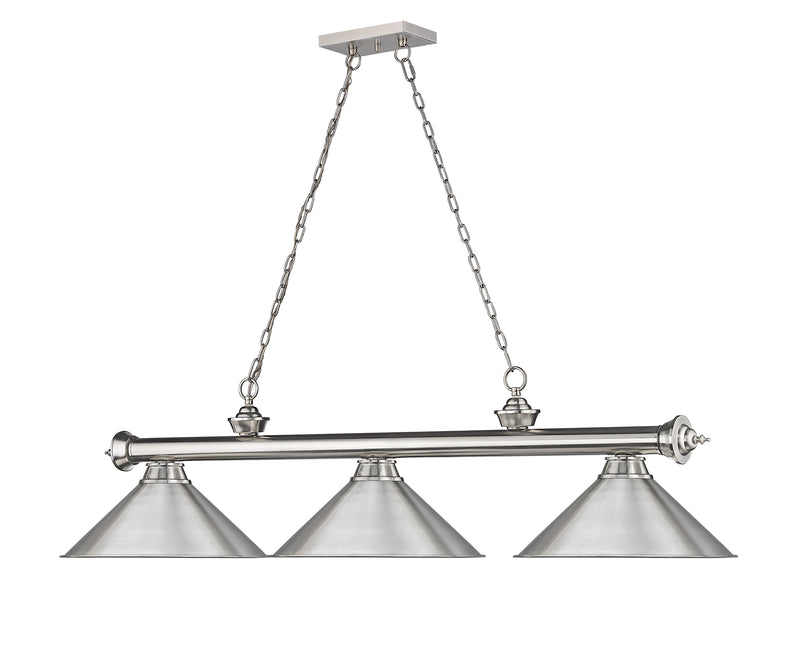 Cordon 3 Light 57.25" Billiard, Metal Shades in Brushed Nickel
