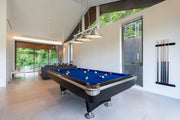 Cordon 3 Light 57.25" Billiard, Metal Shades in Brushed Nickel in a room setting