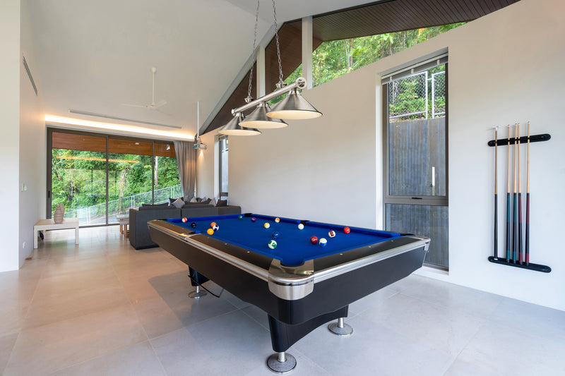 Cordon 3 Light 57.25" Billiard, Metal Shades in Brushed Nickel in a room setting