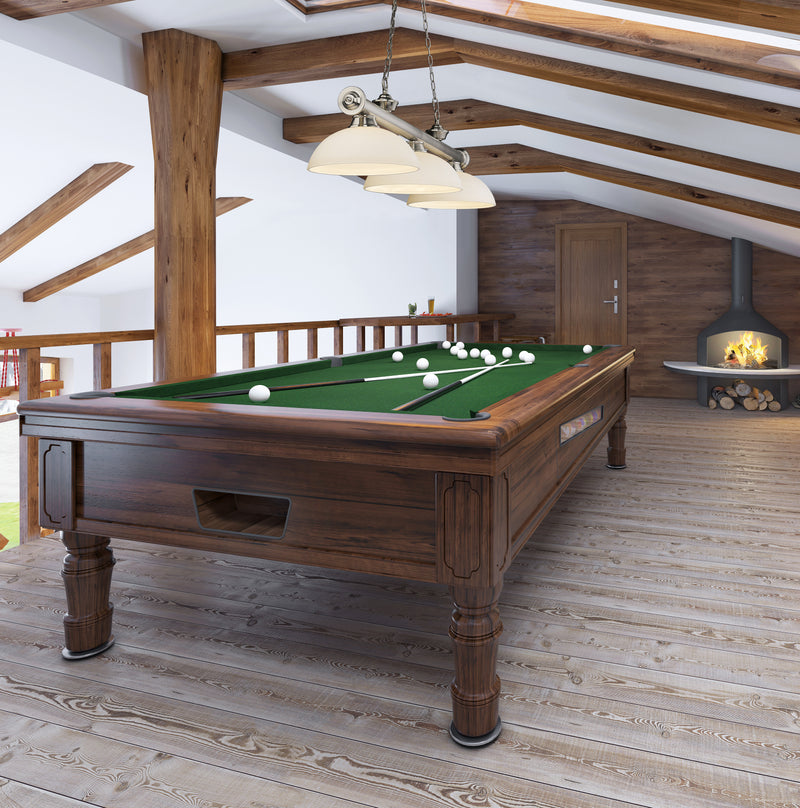 Cordon 3 Light 57.25" Billiard, Glass Shades (D) in Brushed Nickel in a room setting