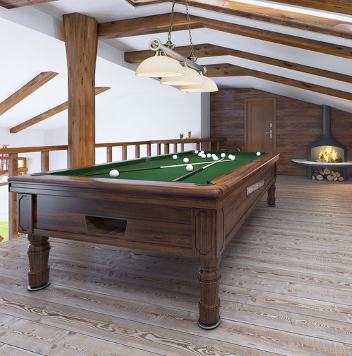 Cordon 3 Light 57.25" Billiard, Glass Shades (D) in Brushed Nickel in a room setting