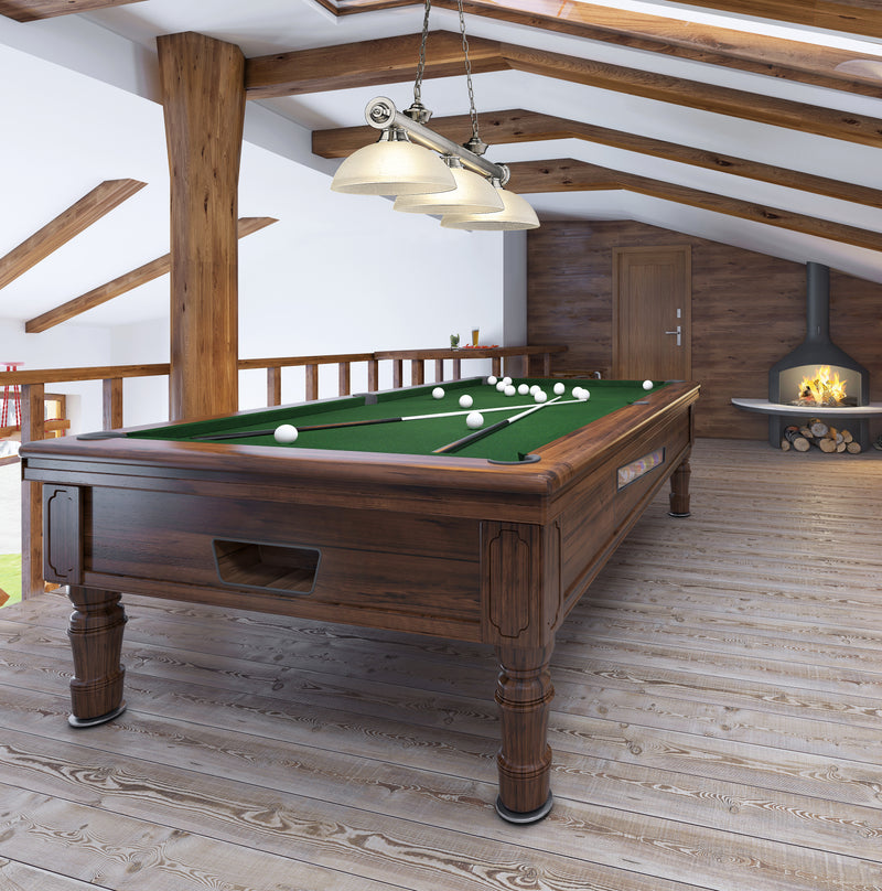 Cordon 3 Light 57.25" Billiard, Glass Shades (D) in Brushed Nickel in a room setting