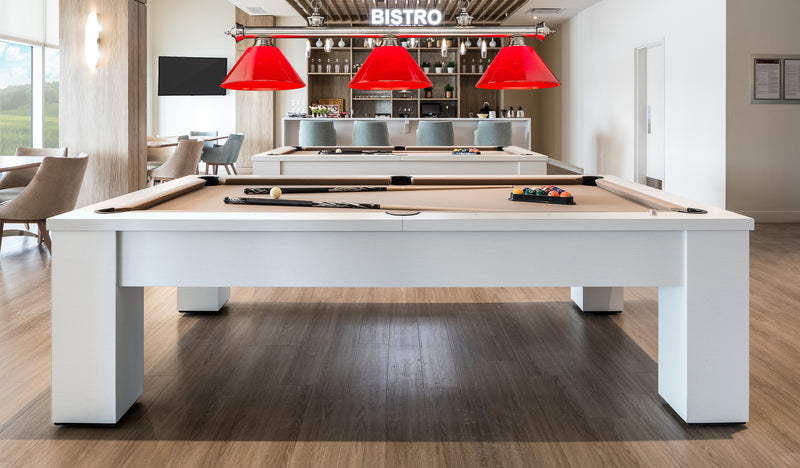 Cordon 3 Light 57.25" Billiard, Plastic Shades in Brushed Nickel in a room setting