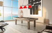 Cordon 3 Light 57.25" Billiard, Plastic Shades in Brushed Nickel in a room setting