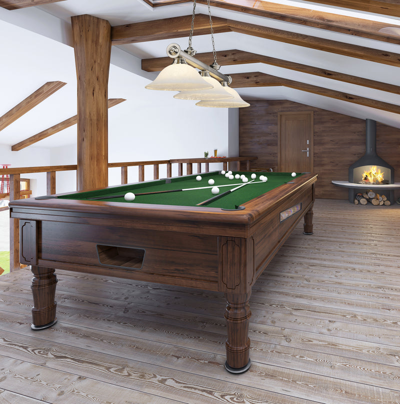 Cordon 3 Light 58" Billiard, Glass Shades in Brushed Nickel in a room setting