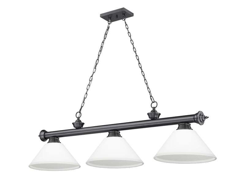 Cordon 3 Light 57.25" Billiard, Glass Shades (A) in Bronze Plate