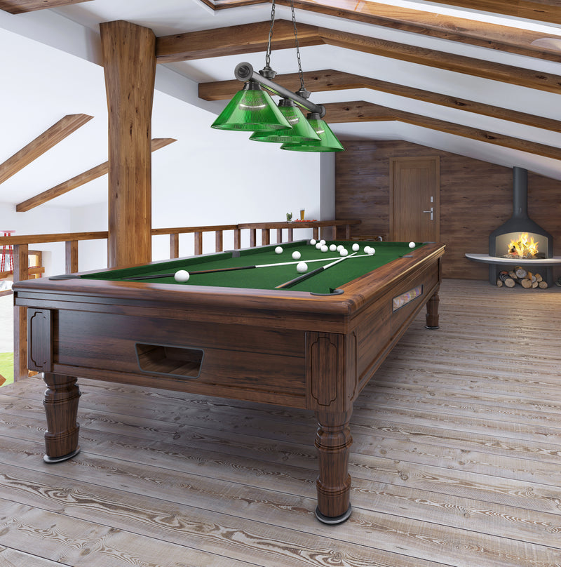 Cordon 3 Light 57.25" Billiard, Acrylic Shades (ARC) in Bronze Plate in a room setting