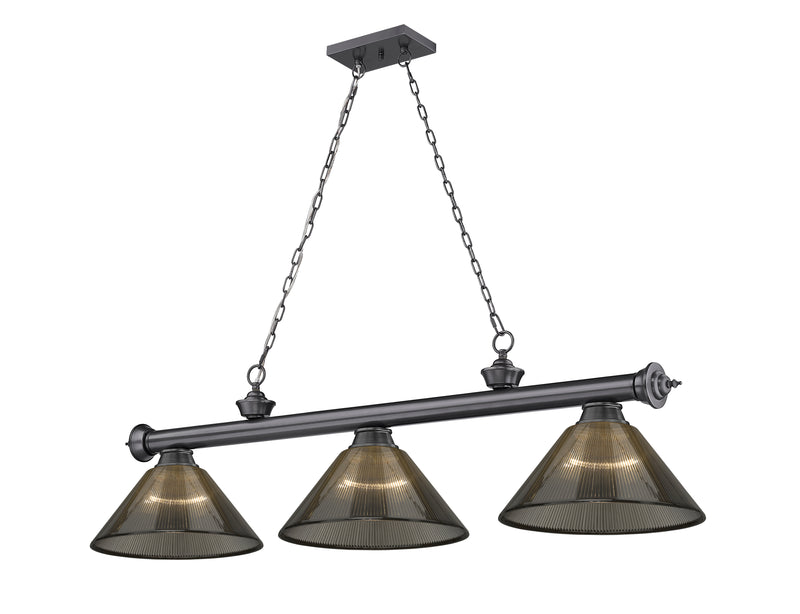 Cordon 3 Light 57.25" Billiard, Acrylic Shades (ARC) in Bronze Plate