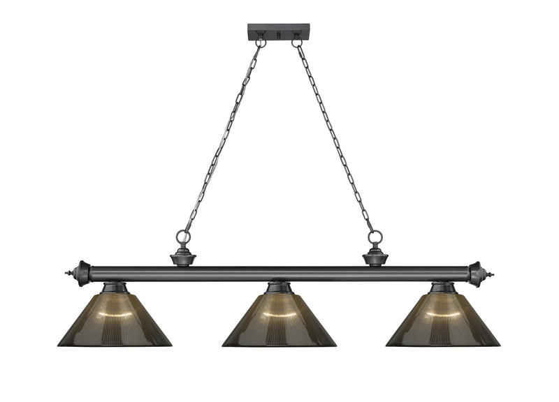 Cordon 3 Light 57.25" Billiard, Acrylic Shades (ARC) in Bronze Plate