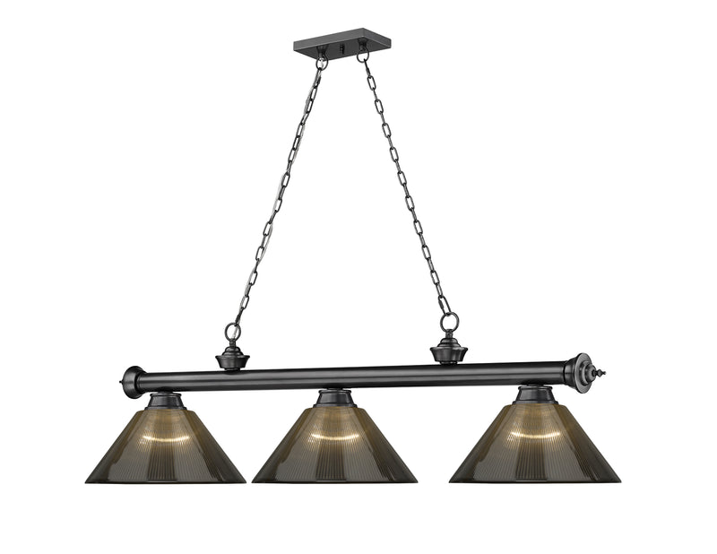 Cordon 3 Light 57.25" Billiard, Acrylic Shades (ARC) in Bronze Plate