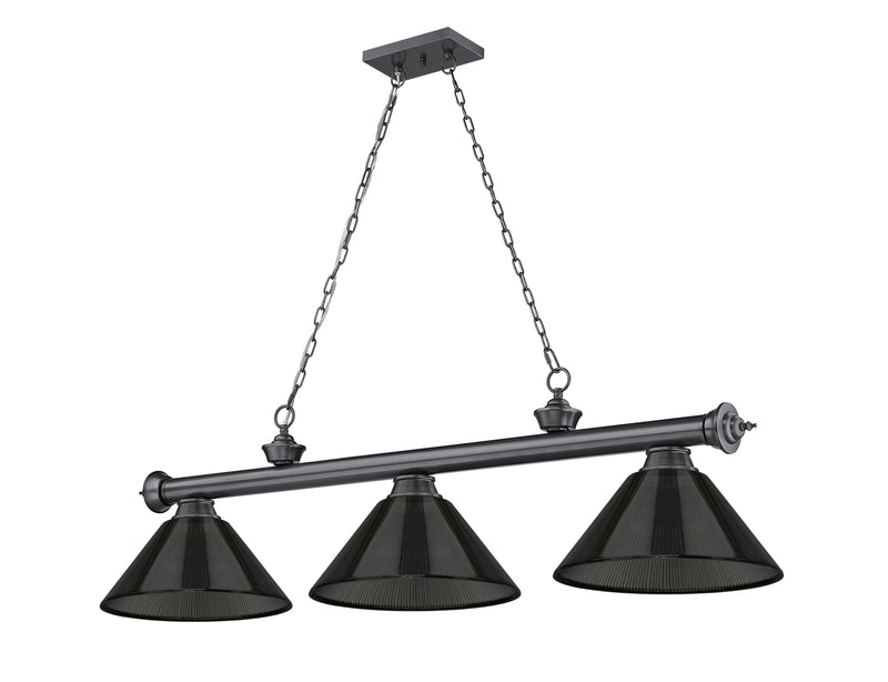 Cordon 3 Light 57.25" Billiard, Acrylic Shades (ARC) in Bronze Plate