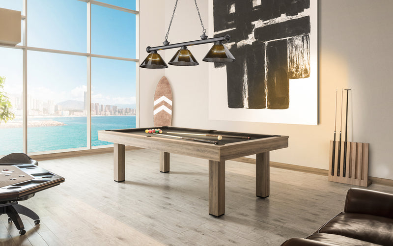 Cordon 3 Light 57.25" Billiard, Acrylic Shades (ARC) in Bronze Plate in a room setting