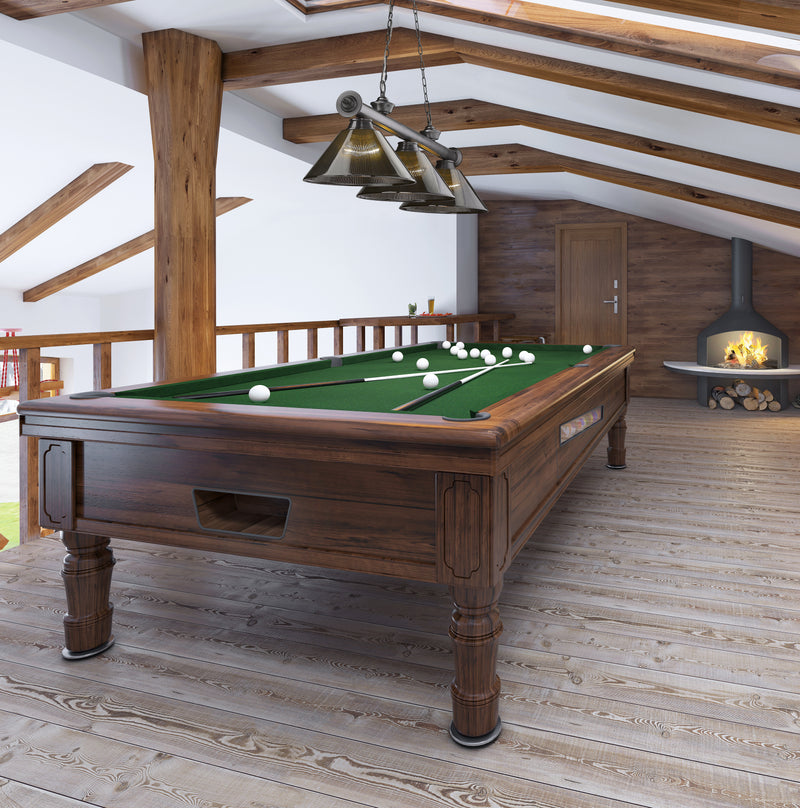 Cordon 3 Light 57.25" Billiard, Acrylic Shades (ARC) in Bronze Plate in a room setting