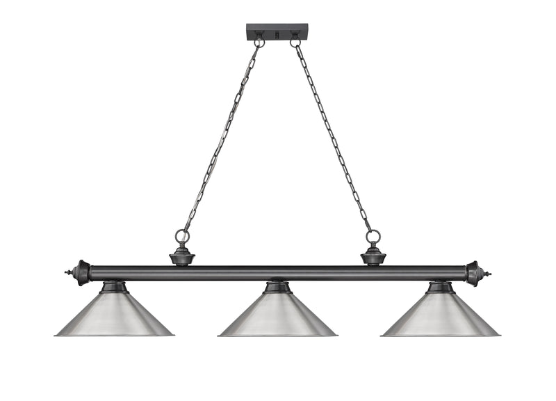 Cordon 3 Light 57.25" Billiard, Metal Shades in Bronze Plate