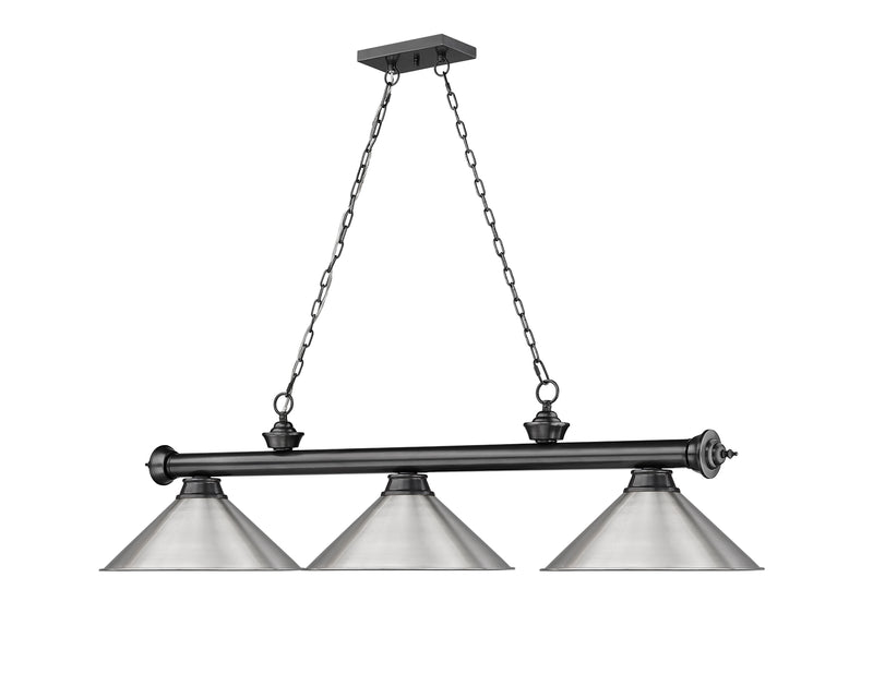 Cordon 3 Light 57.25" Billiard, Metal Shades in Bronze Plate