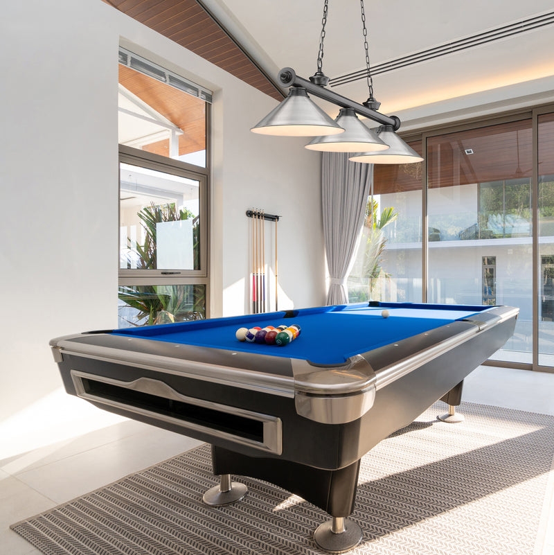 Cordon 3 Light 57.25" Billiard, Metal Shades in Bronze Plate in a room setting