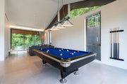 Cordon 3 Light 57.25" Billiard, Metal Shades in Bronze Plate in a room setting