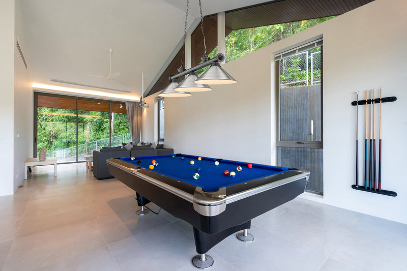 Cordon 3 Light 57.25" Billiard, Metal Shades in Bronze Plate in a room setting